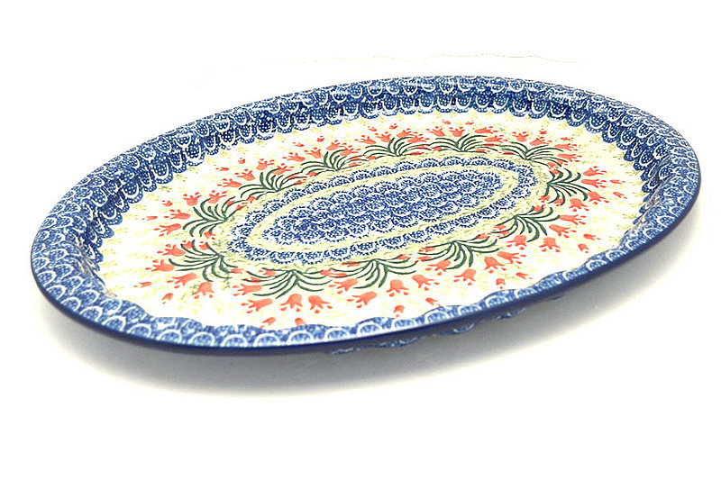 Ceramika Artystyczna Polish Pottery Platter - Oval with Scalloped Inset - Crimson Bells 614-1437a (Ceramika Artystyczna)