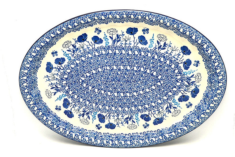 Ceramika Artystyczna Polish Pottery Platter - Oval with Scalloped Inset - Evening Poppies 614-2902a (Ceramika Artystyczna)