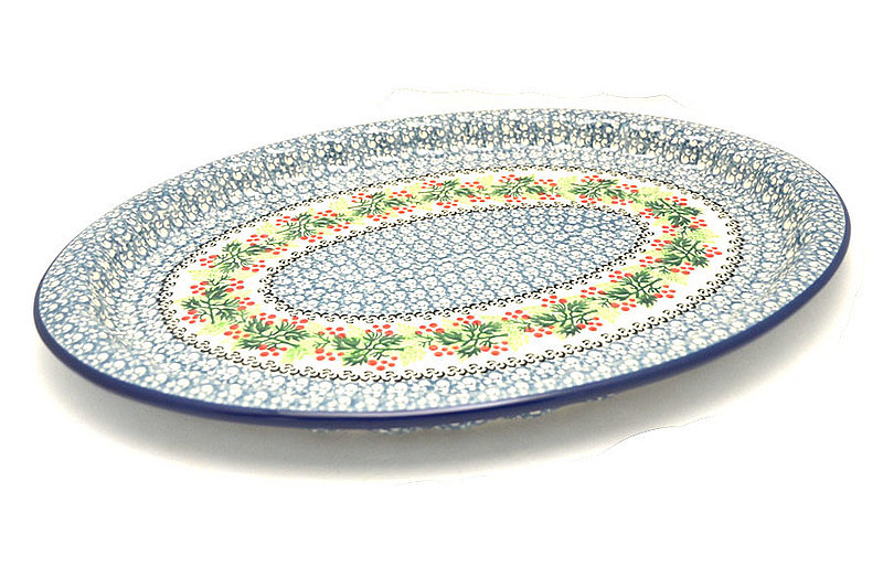 Ceramika Artystyczna Polish Pottery Platter - Oval with Scalloped Inset - Holly Berry 614-1734a (Ceramika Artystyczna)