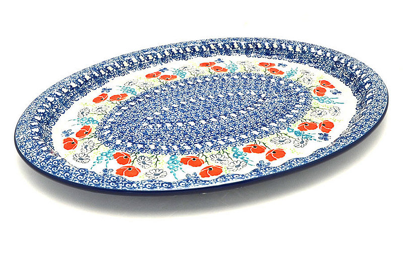 Ceramika Artystyczna Polish Pottery Platter - Oval with Scalloped Inset - Red Poppy Garden 614-2901a (Ceramika Artystyczna)