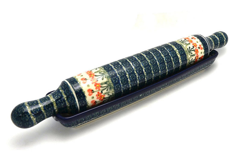 Polish Pottery Rolling Pin with Stand - Peach Spring Daisy