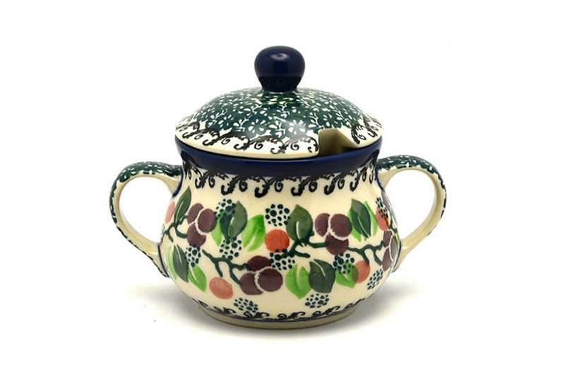 Ceramika Artystyczna Polish Pottery Sugar Bowl - Burgundy Berry Green 035-1415a (Ceramika Artystyczna)