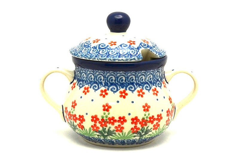 Ceramika Artystyczna Polish Pottery Sugar Bowl - Red Daisy Bouquet 035-3223a (Ceramika Artystyczna)