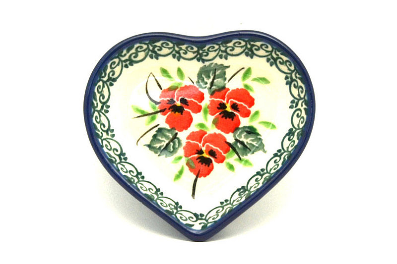 Ceramika Artystyczna Polish Pottery Tea Bag Holder - Heart - Red Pansy B64-2538a (Ceramika Artystyczna)