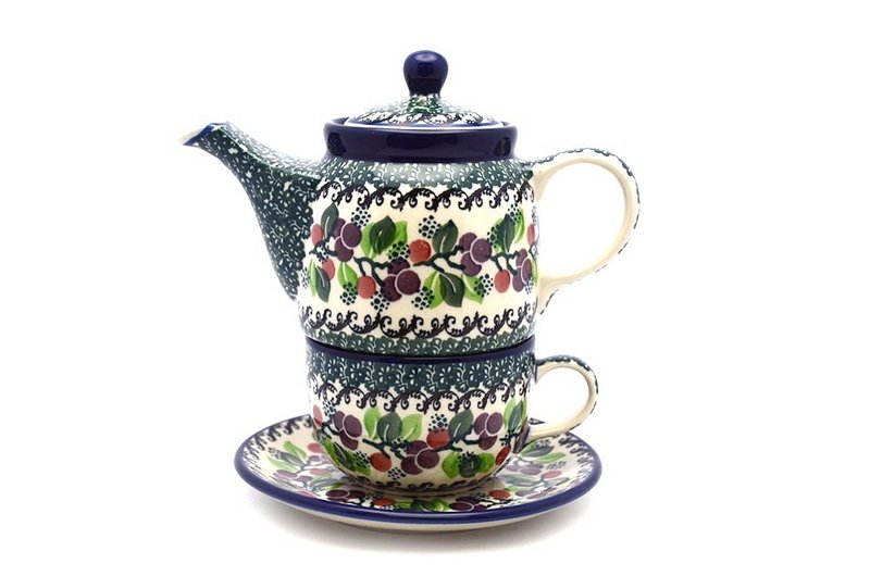 Polish Pottery Tea Time for One - Burgundy Berry Green