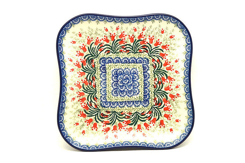 Ceramika Artystyczna Polish Pottery Tray - Rounded Square - Crimson Bells 581-1437a (Ceramika Artystyczna)