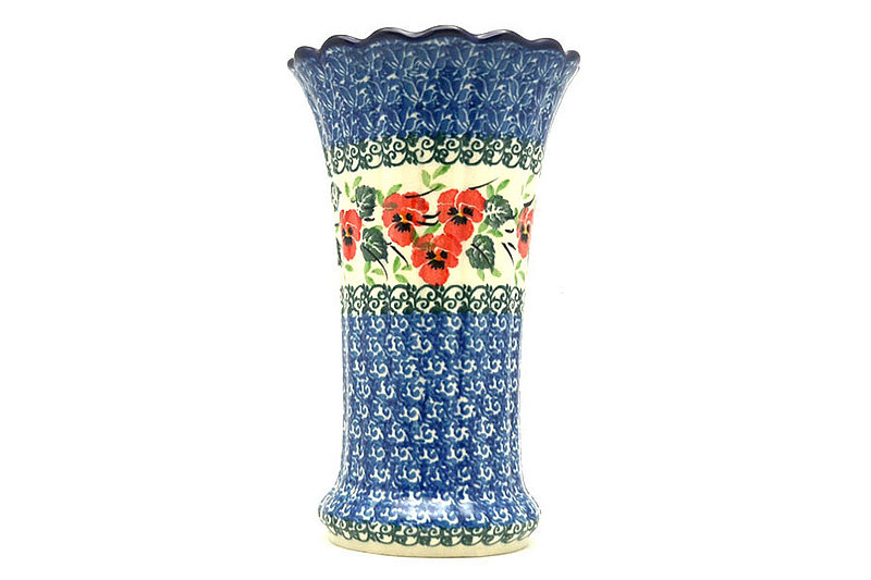 Ceramika Artystyczna Polish Pottery Vase - Medium Fluted - Red Pansy 050-2538a (Ceramika Artystyczna)
