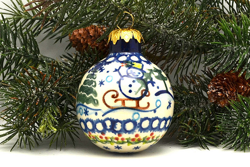 Vena Polish Pottery Ornament - Ball - Sledding Snowman V002-VC341 (Vena)
