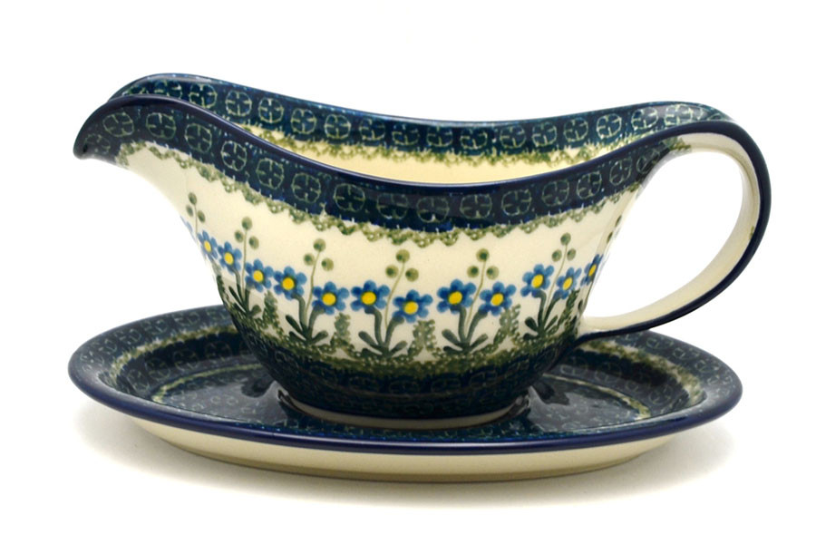 Polish Pottery Gravy Boat Blue Spring Daisy 239614a