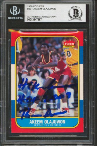 Akeem Olajuwan Autographed Signed Rockets 2X Insc 1986 Fleer #82 Rookie Card Beckett Slabbed 