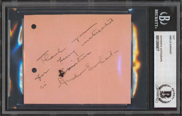 Amelia Earhart Autographed Signed Authentic 3.5X4.25 Cut Signature Autographed Beckett Slabbed 