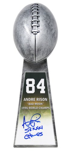 Andre Rison Autographed Signed Football World Champion 15 Inch Replica Silver Trophy With #84 Sticker w/SB XXXI Champs (In Blue)