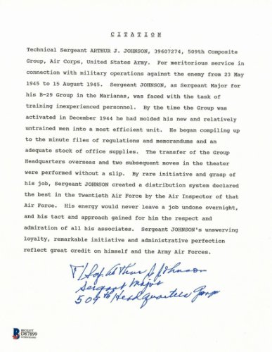 Art Johnson Autographed Signed 509th Hq Group Citation Document Beckett Art Johnson Autographed Signed 509th Hq Group Citation Document Beckett