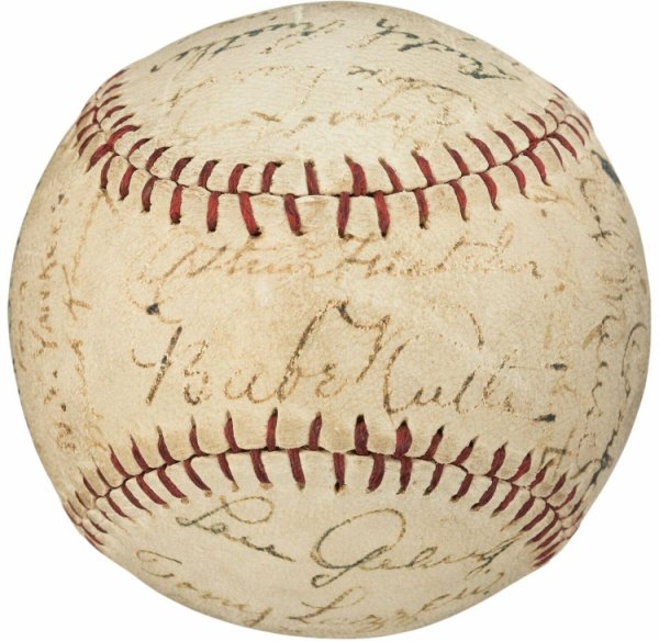Babe Ruth Autographed Signed 1927 New York Yankees Team Baseball & Lou Gehrig PSA DNA COA