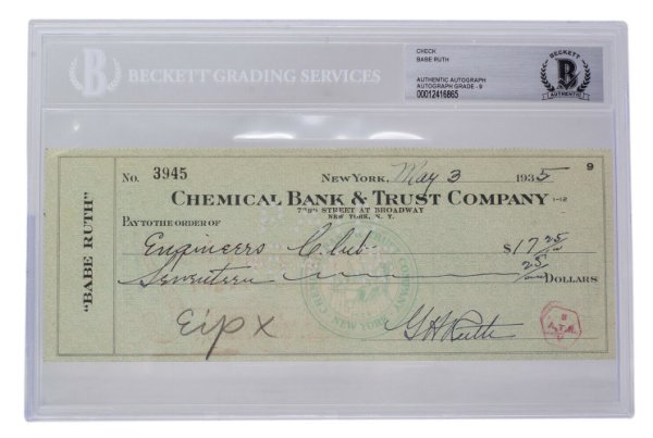 Babe Ruth Autographed Signed Slabbed Personal Bank Check Autograph Graded 9 Beckett