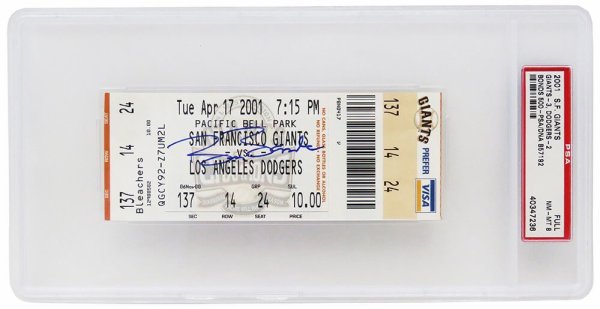 Barry Bonds Autographed Signed San Francisco Giants vs Los Angeles Dodgers April 17, 2001 Ticket Stub (Bonds' 500th HR Game) - (PSA / NM-MT 8)