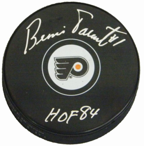 Bernie Parent Autographed Philadelphia Flyers Logo Hockey Puck With HOF84 - Signed Hockey Collectibles