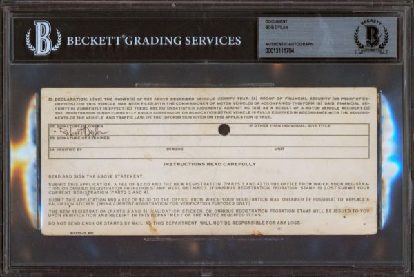 Bob Dylan Autographed Signed Authentic 3.25X7.5 Dmv Registration Document Beckett Slabbed
