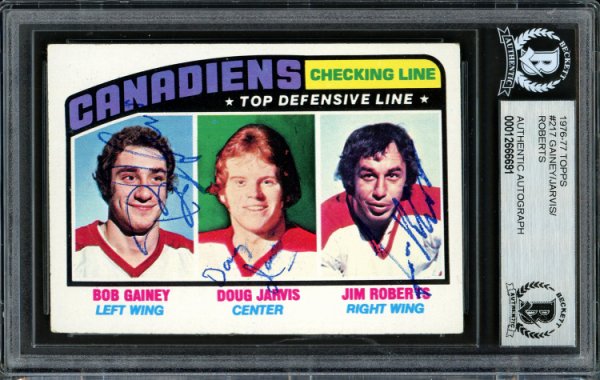 Bob Gainey Autographed Signed , Doug Jarvis & Jim Roberts 1976-77 Topps Card #217 Montreal Canadiens Beckett Beckett