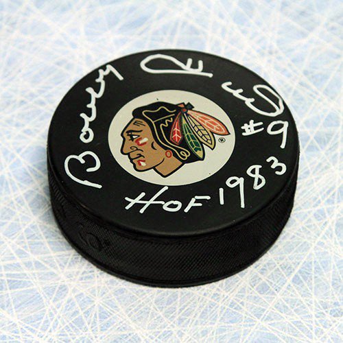 PSA DNA COA Authenticated Bobby Hull Signed Chicago Blackhawks Puck with 1983 HOF Inscription & Display Case & Card 