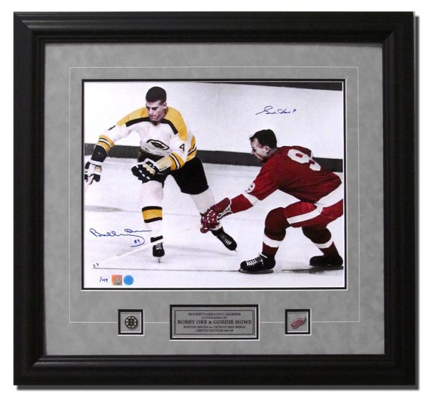 Bobby Orr & Gordie Howe Dual Autographed Signed Immortals Spotlight 26x32 Frame #/49