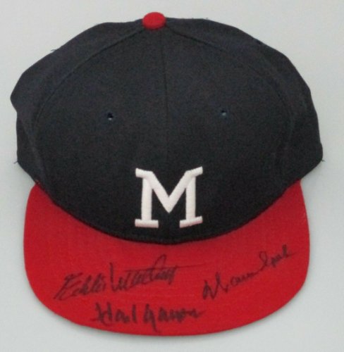 Braves Hank Autographed Signed Milw Aaron Eddie Mathews & Warren Spahn Triple Hat Auto - JSA