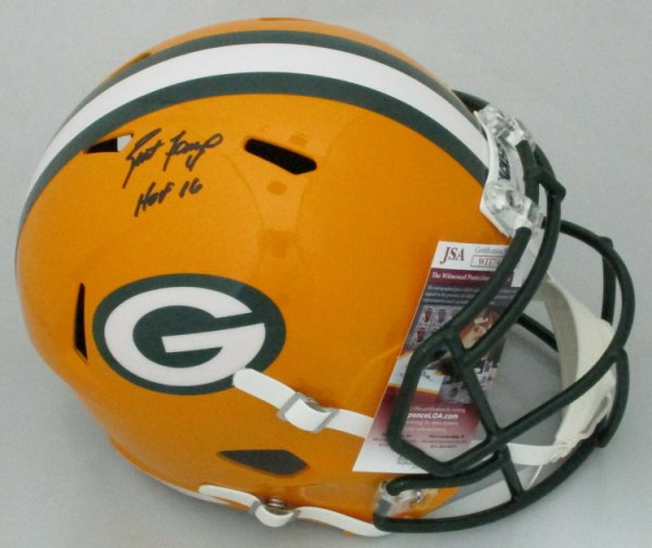 Brett Favre Autographed Signed Packers Full Size Replica Speed Helmet Auto With HOF 16 - JSA