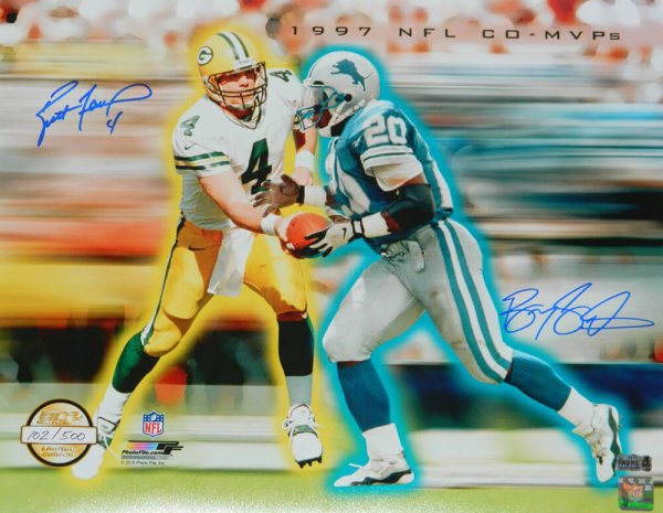 Brett Favre & Barry Sanders Dual Autographed Signed Green Bay Packers / Detroit Lions 1997 NFL Co MVPs Hand Off Collage 16x20 Photo