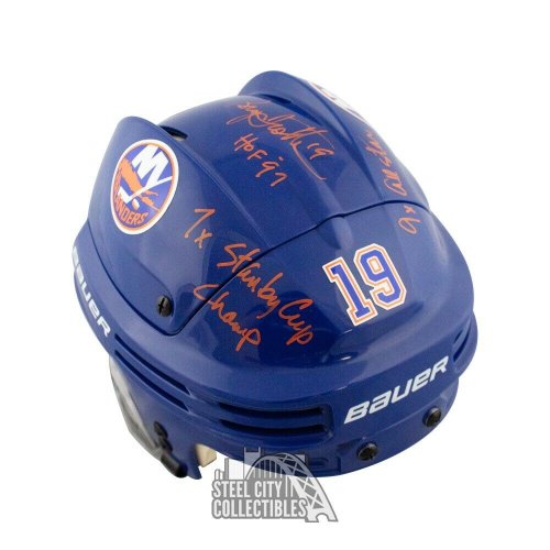 Bryan Trottier Autographed Signed Stats New York Islanders Hockey Helmet - Beckett COA