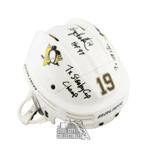 Bryan Trottier Autographed Signed Stats Pittsburgh Penguins White Hockey Helmet - Beckett