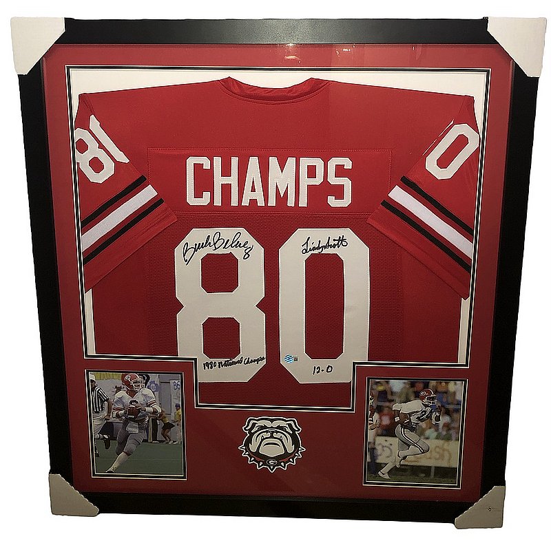 Buck Belue & Lindsay Scott Autographed Signed Georgia Bulldogs Deluxe Framed Red #80 Champs Jersey with 1980 National Champs! and 12-0 Inscriptions - Beckett QR Authentic
