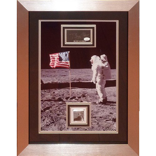 Buzz Aldrin Autographed Signed Apollo 11 Moon Landing (With American Flag) Deluxe Framed 13X19 Photo With Floating Matted Signature And Genuine Moon Rock - JSA