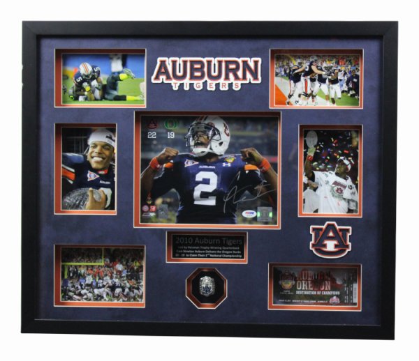 Cam Newton Autographed Signed Auburn Tigers Framed Flexing 8x10 Photo with Replica 2010 National Championship Ring Display - PSA/DNA Authentic