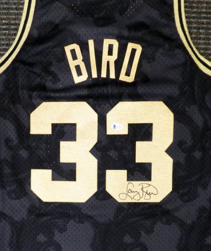 Celtics Larry Autographed Signed Boston Bird Black Mitchell & Ness Gold Toile Swingman Jersey Size L Beckett Beckett