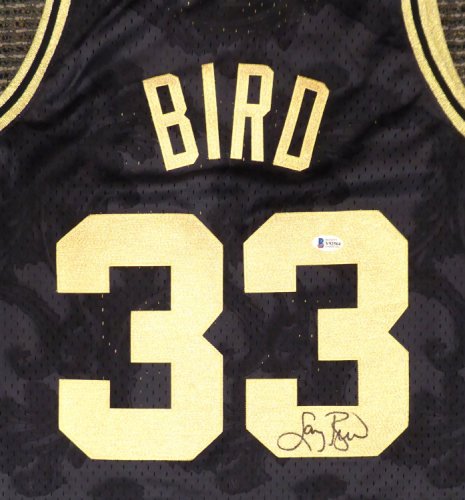 Celtics Larry Autographed Signed Boston Bird Black Mitchell & Ness Gold Toile Swingman Jersey Size L Beckett Beckett