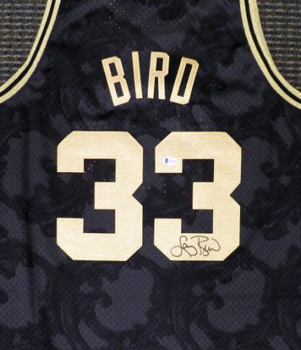 Celtics Larry Autographed Signed Boston Bird Black Mitchell & Ness Gold Toile Swingman Jersey Size Xl Beckett Beckett