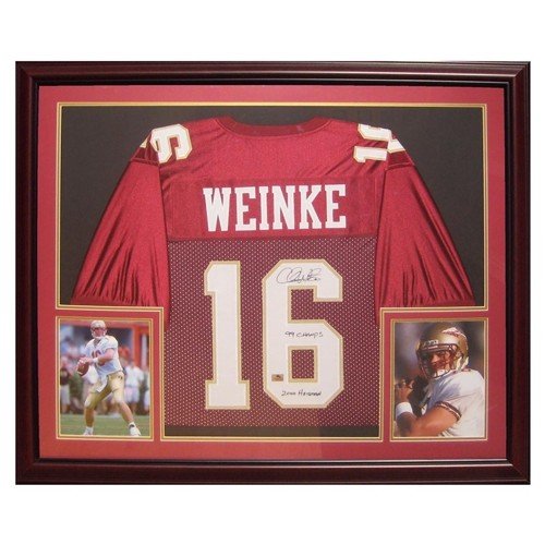 Chris Weinke Autographed Signed Fsu Florida State Seminoles (Garnet #16) Deluxe Framed Jersey With 99 Champs, 2000 Heisman