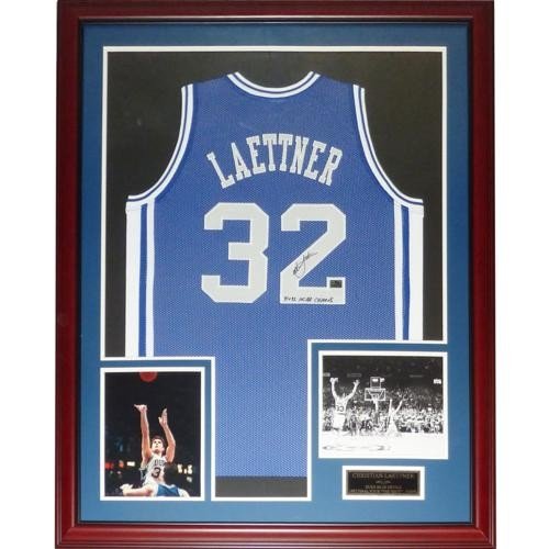 Christian Laettner Autographed Signed Duke Blue Devils (Blue #32) Deluxe Framed Jersey With 91 & 92 NCAA Champs