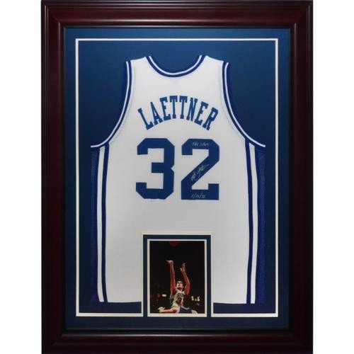 Christian Laettner Autographed Signed Duke Blue Devils (White #32) Deluxe Framed Jersey With The Shot , 3/28/92