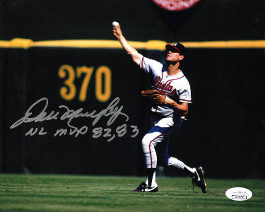Dale Murphy Autographed Signed Atlanta Braves 8x10 Photo NL MVP 82, 83  (white jersey throwing)- JSA Hologram