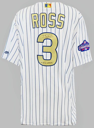 David Ross Autographed Signed Chicago Cubs White Pinstripe Gold World Series  Champs Majestic Jersey w/16 WS Champs