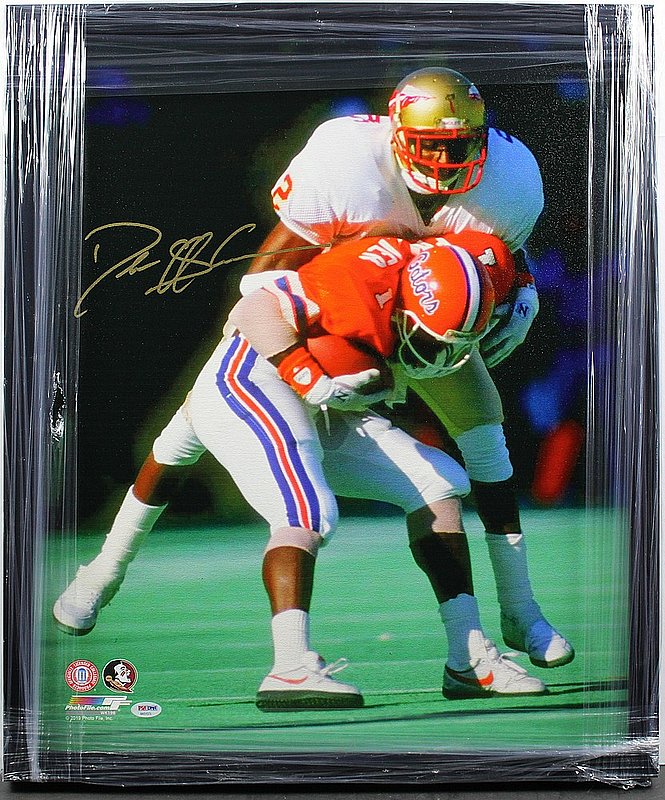 Deion Sanders Autographed Signed Florida State Seminoles Framed Gator Tackle Canvas - PSA/DNA Authentic