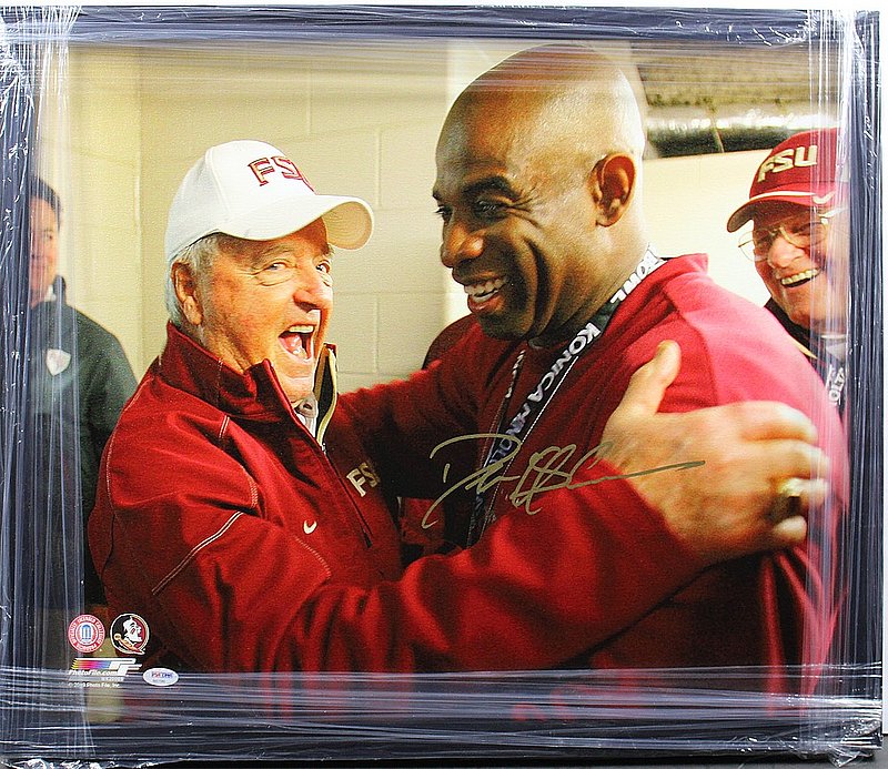 Deion Sanders Autographed Signed Florida State Seminoles Framed Hugging Bobby Bowden Canvas - PSA/DNA Authentic