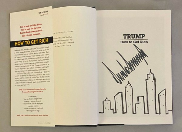 Donald Trump Autographed Signed President How To Get Rich Book Nyc Skyline Drawing JSA