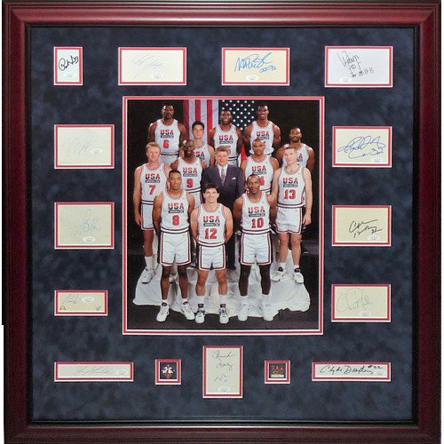 Dream Team Autographed Signed 1992 Barcelona Olympics Usa Basketball Deluxe Framed Piece With 16X20 Photo - Coach Daly And 12 Members - JSA