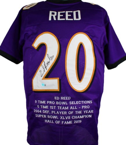Ed Reed Autographed Signed Purple Pro Style Stat Jersey - Beckett W Hologram Black