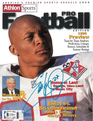 Eddie George Autographed Signed Tennessee Oilers 8x10.5 Athlon Sports 1998 Pro Football Cover #27- Beckett Witnessed (Titans)