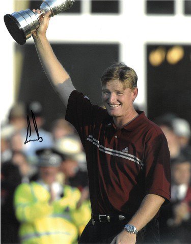 Ernie Els Autographed Signed PGA 11x14 Photo- JSA Hologram #DD32783  (w/ Trophy at 2002 Open Championship)