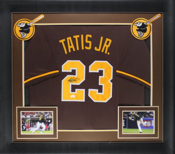 Fernando Tatis Jr. Autographed Signed . Brown Pro Style Framed Jersey With Yellow #'S JSA