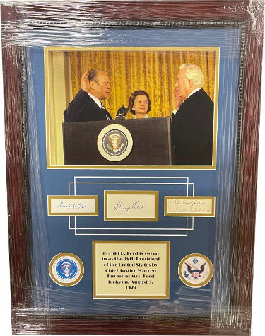 Gerald Ford/Betty Ford/Chief Justice Warren Burger Autographed Signed Cut sigs?Custom Framing 38th POTUS 11x14 Photo w/Seals-JSA LOA- 21x28